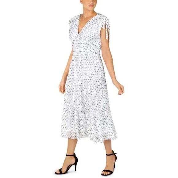 Julia Jordan Womens Clip Dot Tiered Dress 6 White Black Ruched V Neck Midi NWOT - Picture 1 of 10